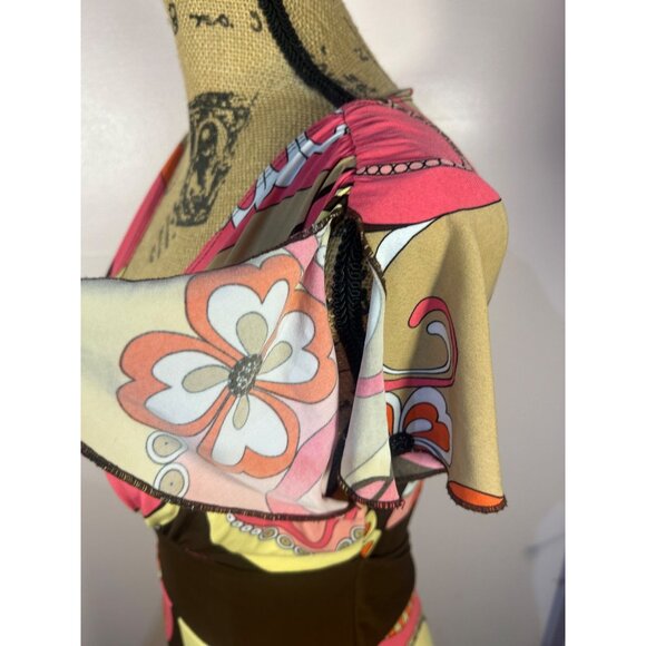 VTG Y2K midi Dress Sz M Babydoll Boho Funky Psychedelic Print Flutter Sleeves - Picture 8 of 11